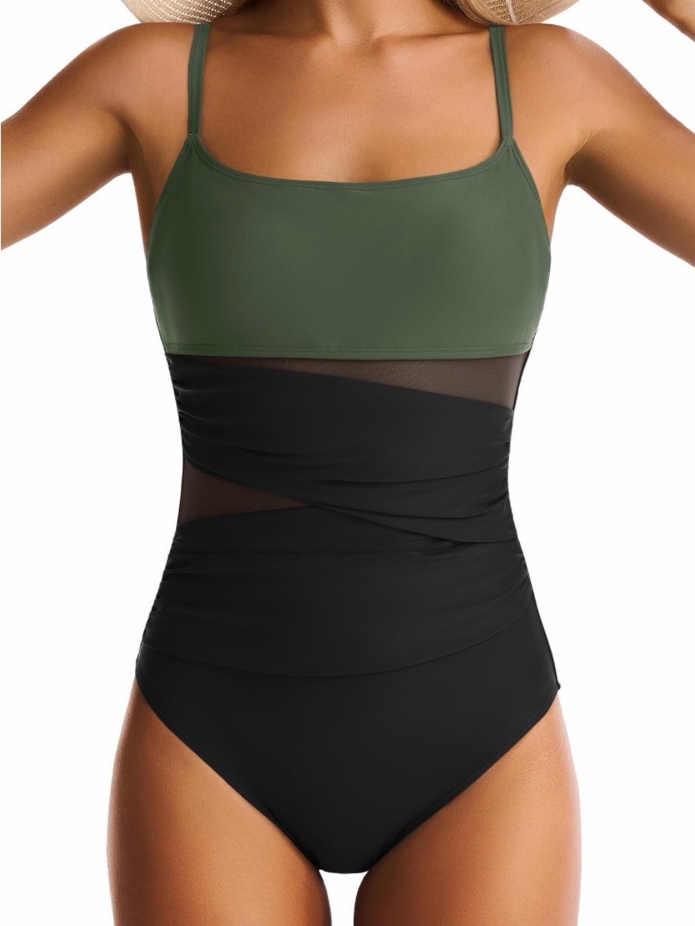 Source Unknown Olive & Black One-Piece Swimsuit with Sheer Panels